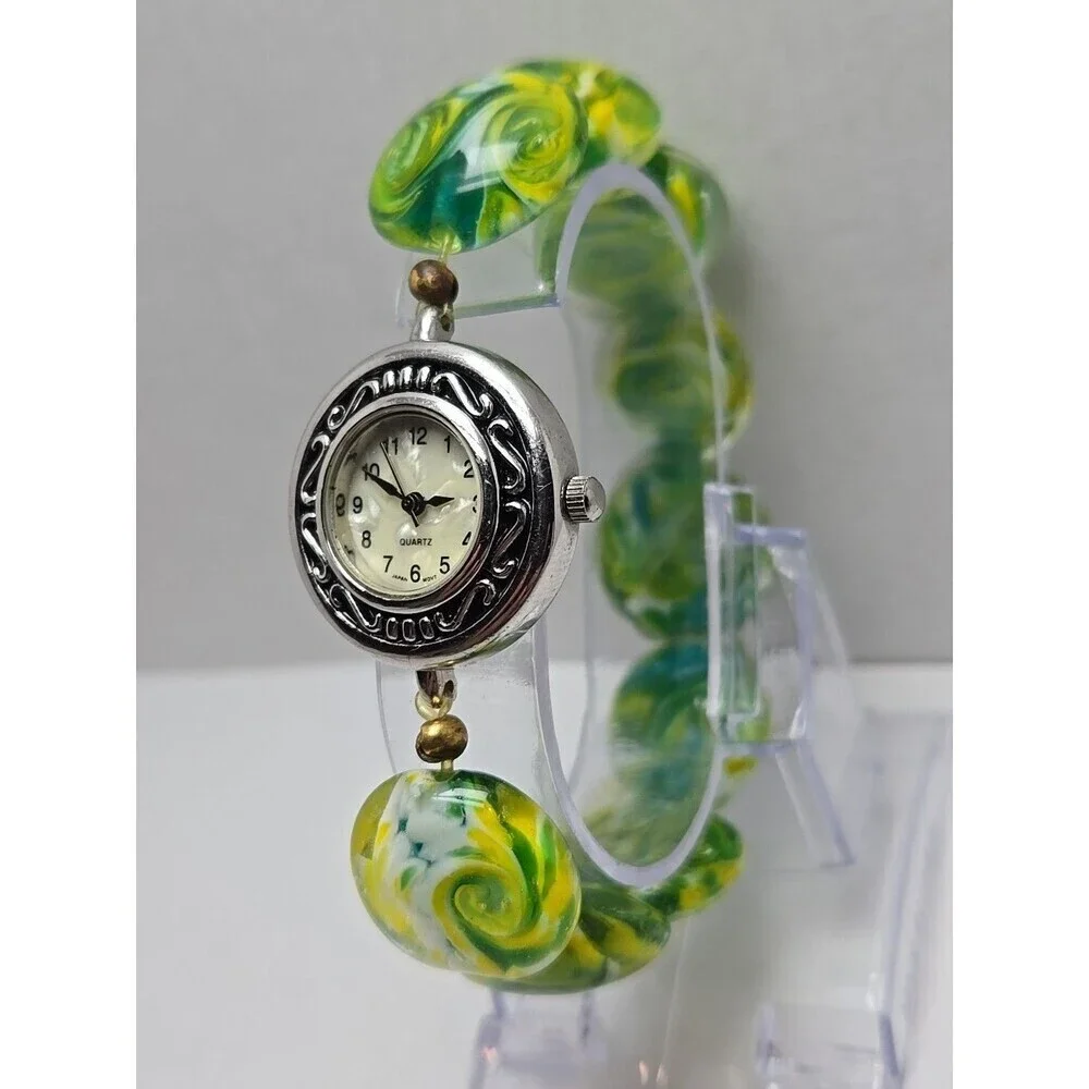 Womens Seiko Movement Lampwork Beaded Watch Bracelet Green Yellow Glass Art